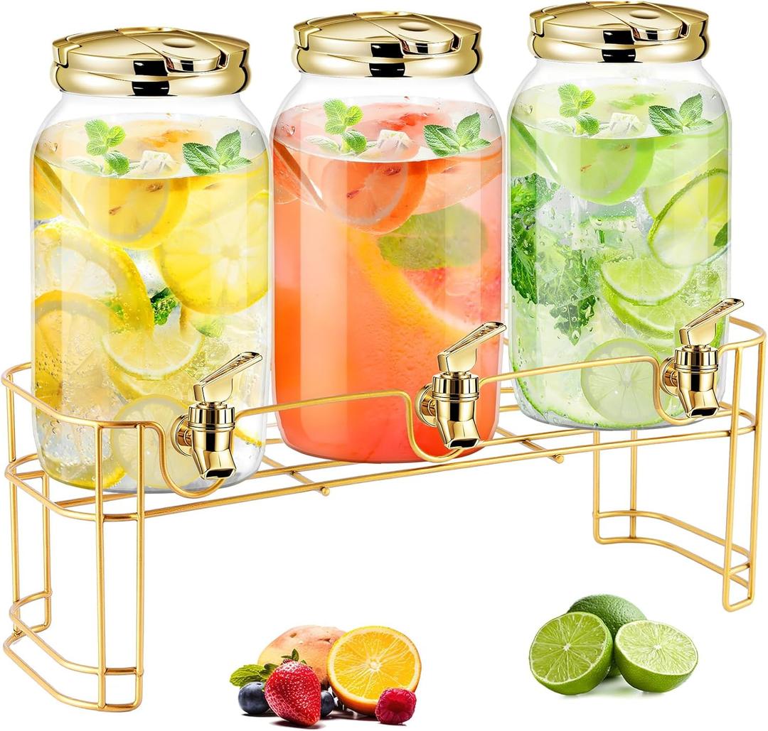 Tanlade 3 Pcs Plastic Drink Dispenser with Stand Beverage Dispenser with Sturdy Metal Base Juice Dispensers for Parties Lemonade Jar Spigot for Weddings Countertop, Each 1 Gallon(Gold)