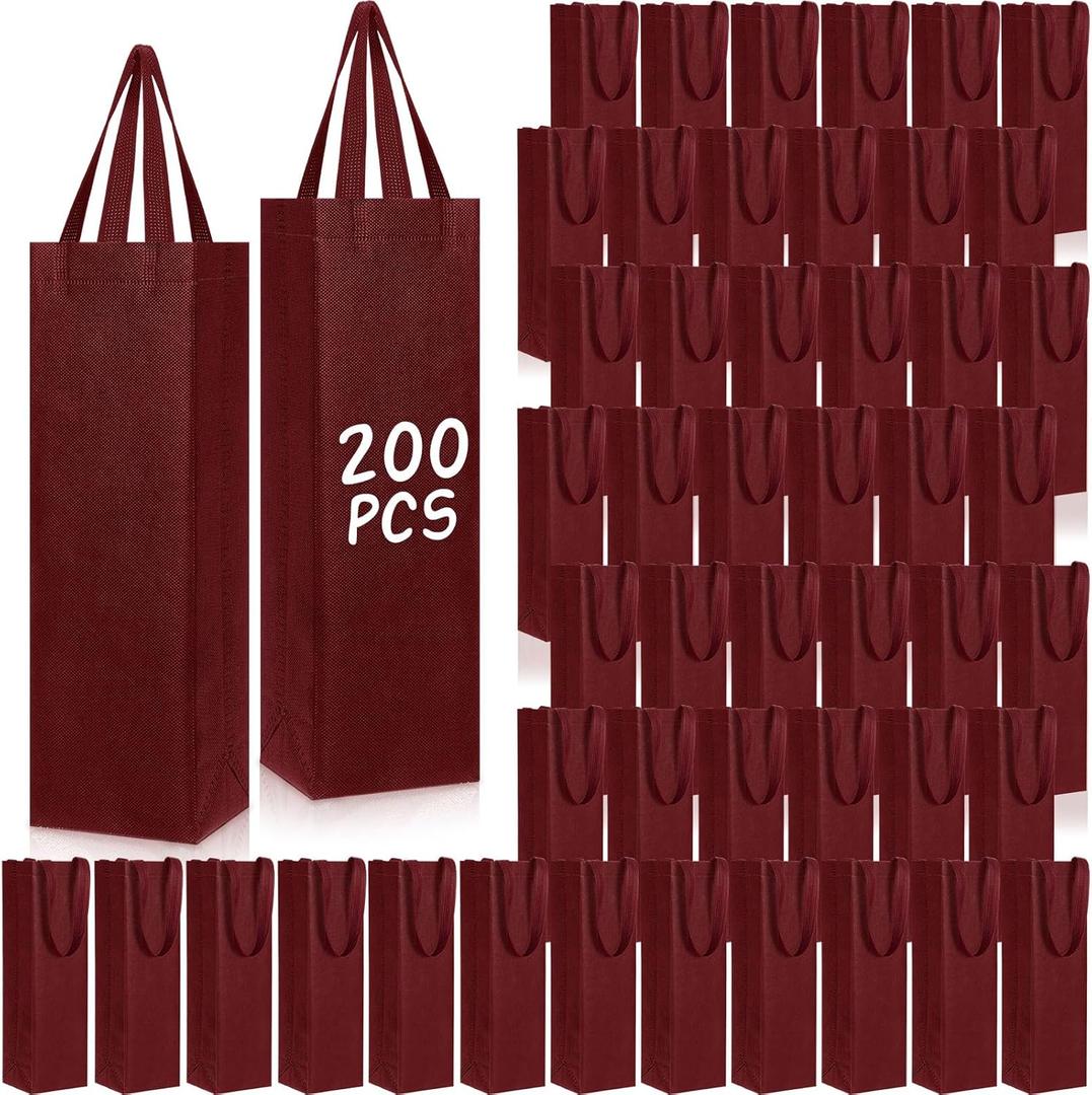 Windyun 200 Pcs Wine Gift Bags with Handle Reusable Small 13.8x3.5x3.9 Inches Liquor Bottle Totes Bulk for Birthday Wedding Christmas Holiday Party (Wine Red)