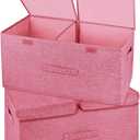2 Pack Storage Boxes with Lids and Handles, Collapsible Linen Storage Bins Organizer Containers Baskets Cube with Removable Divider for Home Bedroom Closet Office (Pink, Large)