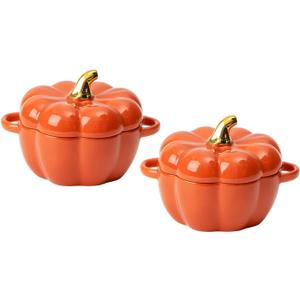 Pumpkin Bowl Set with Lid and Handle, Set of 2 Ceramic Ramekins for Baking, Casserole Dish Individual Severing Pot, Stoneware, Oven Safe, 14 Oz (Orange)