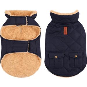 Queenmore Warm Puffer Dog Coat, Quilting Winter Jacket Ultra Thick Plush Lining with Storage Pockets (Dark Navy, Small)