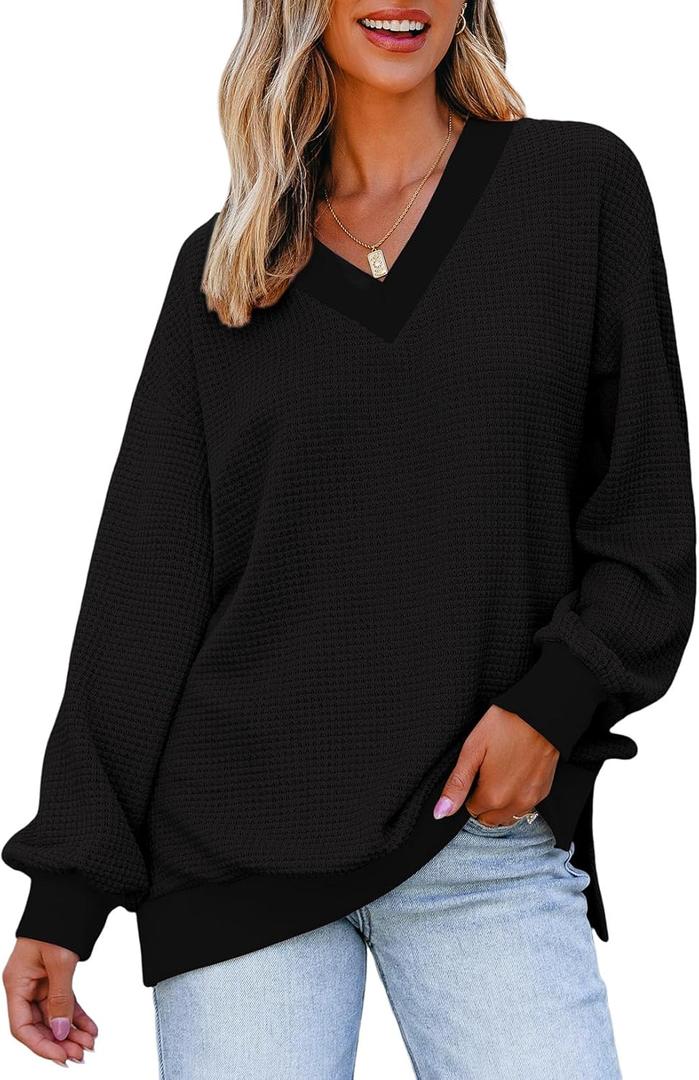 Dokotoo Women's V Neck Long Sleeve Waffle Knit Tops Off Shoulder Oversized Pullover Sweater (Black)