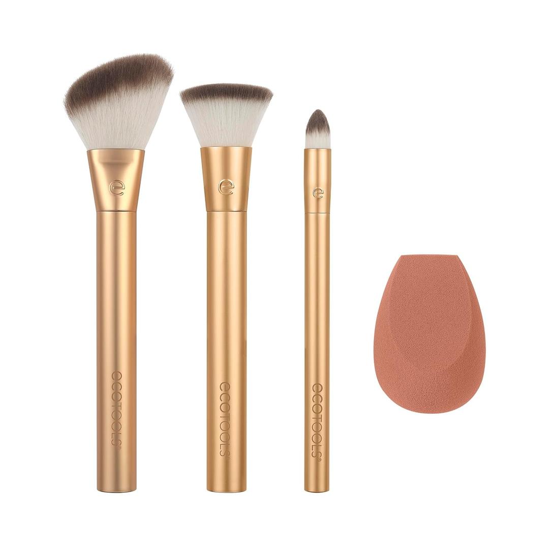 EcoTools Precious Metals Face Blend & Sculpt Set, Makeup Brush Set For Foundation, Concealer, & Powder, Makeup Sponge, Eco-Friendly, Recycled Aluminum, Chrome, Cruelty-Free, 4 Piece Set