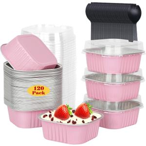 LNYZQUS 120pack/10oz Mini Cake Foil Pans with Lids, 4x4 Large Cupcake Pan Disposable Ramekins,Small Brownie Baking Cups Square Muffin Tin Cheesecake Containers Holders-Pink