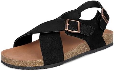 Intini Women's Cork Footbed Sandals with Arch Support Suede Leather Flat Slides Sandals Comfort Open Toe Slip On Shoes for Outdoor Summer Adjustable Buckle & Crisscross Band Size 40