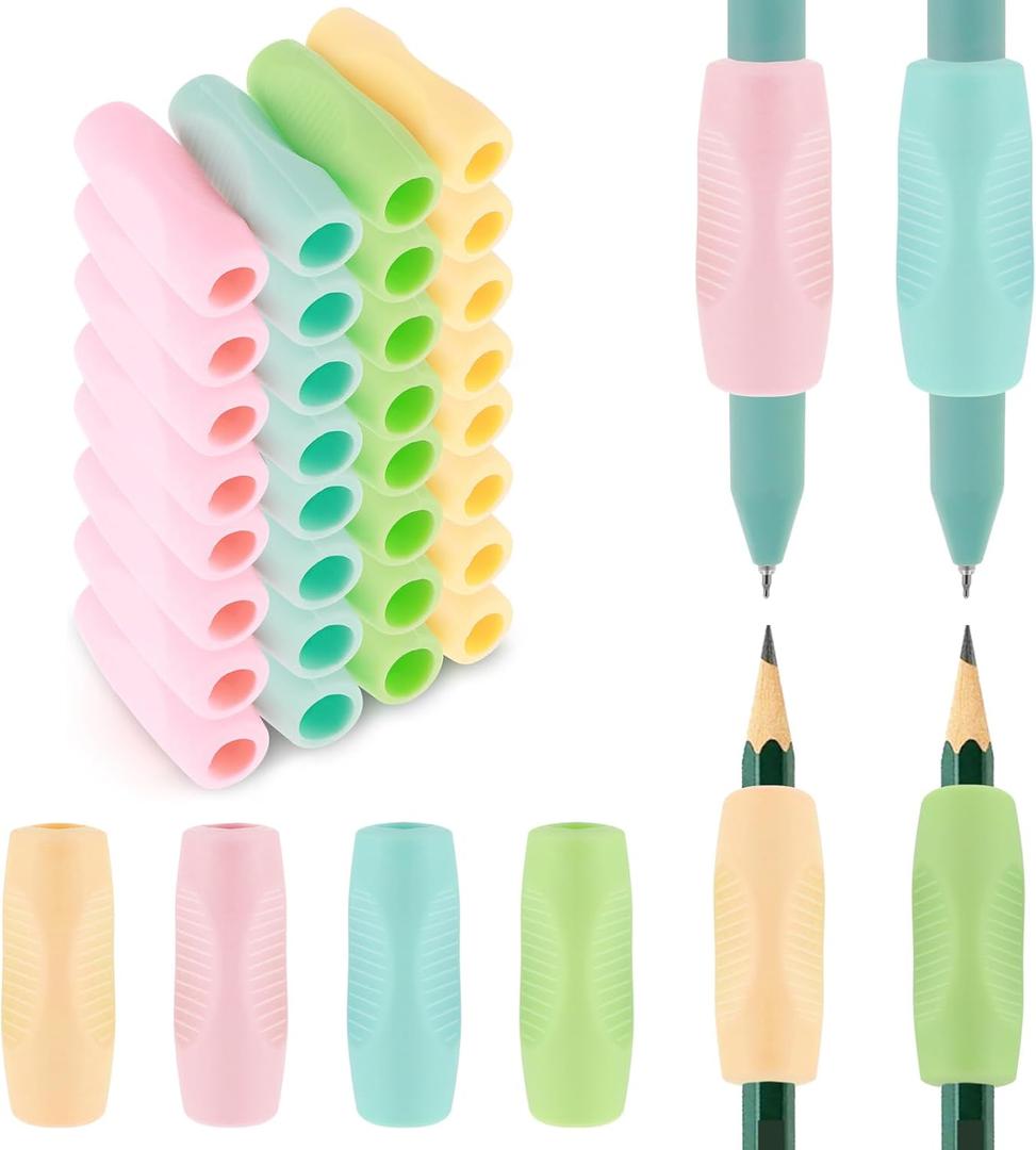 32Pcs Pencil Finger Grips for Kids Handwriting, Ergonomic Silicone Pencil Grippers, Writing Tool with Finger Cushion, 4 Colors Gel Pen Grips with 3 Concaves for Kids, and Toddlers