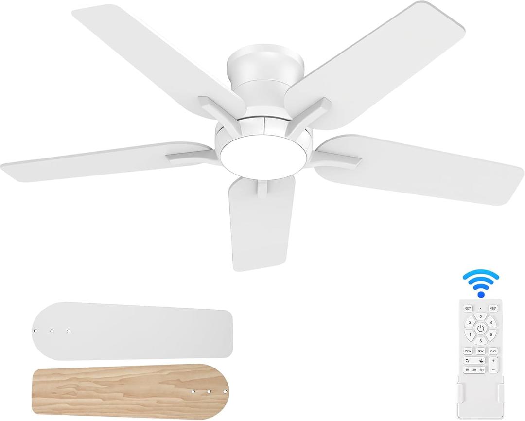 POCHFAN 42 Inch White Ceiling Fans with Lights and Remote, Flush Mount Low Profile Ceiling Fan for Bedroom, Living Room, Patio, Dimmable 6 Speeds Noiseless Reversible, ETL Listed