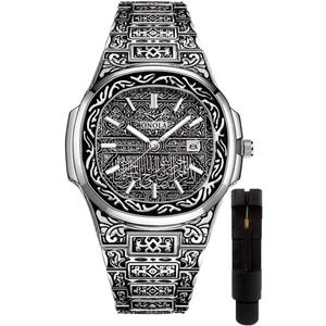 Retro Watches for Men Quartz Watches Tattoo Pattern Carved Stainless Steel Bracelet Waterproof Wrist Watch (Silver)