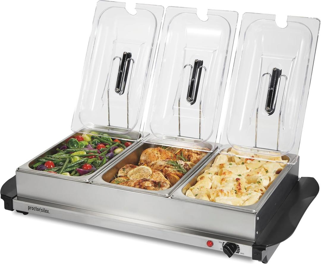 Proctor Silex Buffet Server & Food Warmer, Adjustable Heat, for Parties, Holidays and Entertaining, Three 2.5 Quart Oven-Safe Chafing Dish Set, Stainless Steel