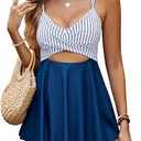 ZAFUL Women's Tankini Swimsuits Two Piece Swim Bathing Suit Tummy Control Modest Full Coverage Ruffle Sleeve Swimwear BLUE/WHITE  L