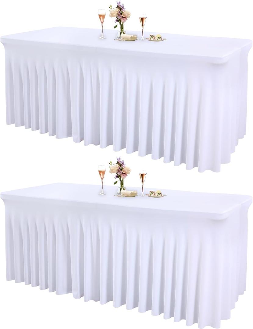 2 Packs White Spandex Table clothes for 6 Foot Rectangle Tables, Wrinkle Free 6ft Fitted Table Cover Stretch Table Cloth Desk Skirt for Weddings Baby Shower Birthday Party Banquet Decorations