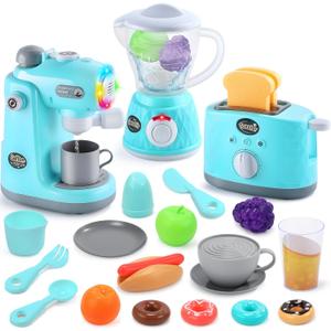CUTE STONE Kids Kitchen Playset, Toy Kitchen Appliance Sets with Working Coffee Maker, Blender & Toaster, Realistic Sounds & Light, Includes Kids Kitchen Accessories & Play Food for Boys & Girls