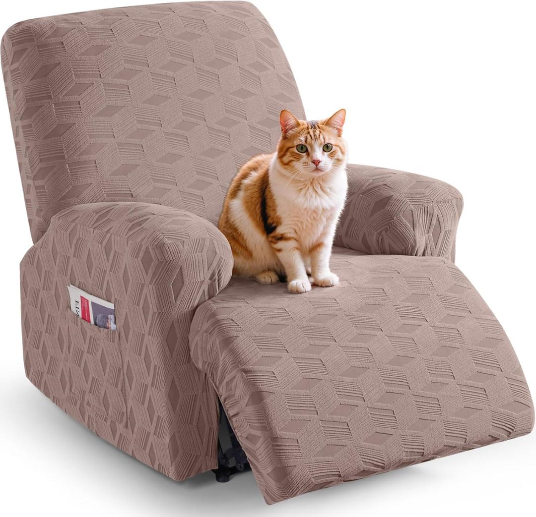 TAOCOCO Recliner Cover 3 Pieces Recliner Chair Covers, Stretch Jacquard Reclining Chair Cover, Furniture Protector Sofa Slipcovers Couch Covers with Elastic Bottom for Kids, Pets (Khaki) (1 Seater)