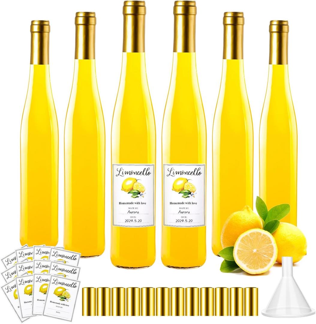 Maxcheck 6 Set 16 oz 500 ml Lemoncello Glass Wine Bottles Set with Labels Stickers Airtight Empty Clear Liquor Bottles with Lid for Homemade Extracting Liqueur Suitable for Gift Giving(Lemon)