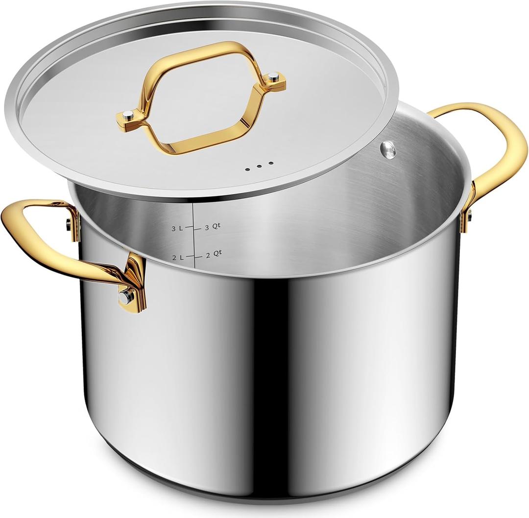 BEZIA 8 Qt Stainless Steel Stock Pot with Lid, Induction Ready Large Soup Pot with Lid, Tri-ply Bottom for Even Heat, Kitchen Cooking Pots for Pasta, Soup, Spaghetti