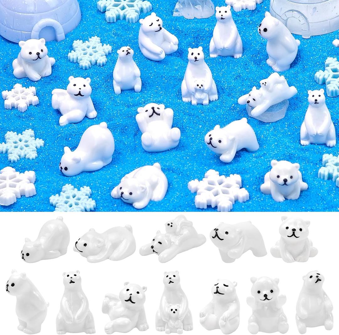 40 Pcs Mini Resin Polar Bear Figurines with Snowflakes Tiny Little Winter Resin Animal Miniature Figures for Holiday Crafts Garden Micro Landscape Home Table Decor