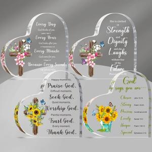 Pinkunn 4 Pcs Acrylic Christian Religious Gift for Women Inspirational Gift with Bible Verse Prayer Scripture Church for Mother's Day Birthday Gifts Mom Friends Keepsake Paperweight(Heart)