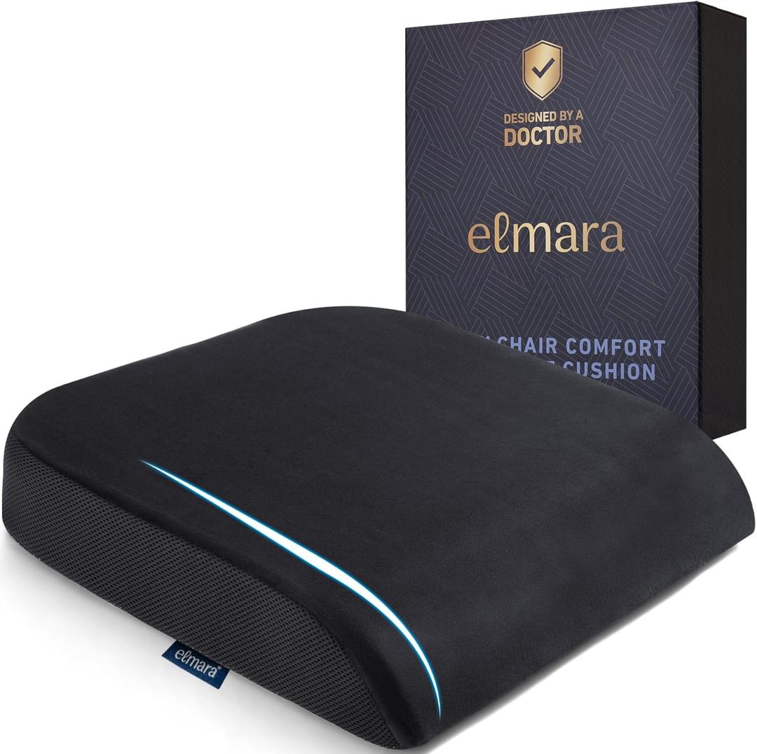 Elmara Doctor-Designed Memory Foam Seat Cushion is The Ultimate Comfort Solution  Thick Seat Cushion Relieves Back & Sciatica Pain  Suitable for Wheelchairs, Office Chairs, Home Chairs, Airplanes (Black)