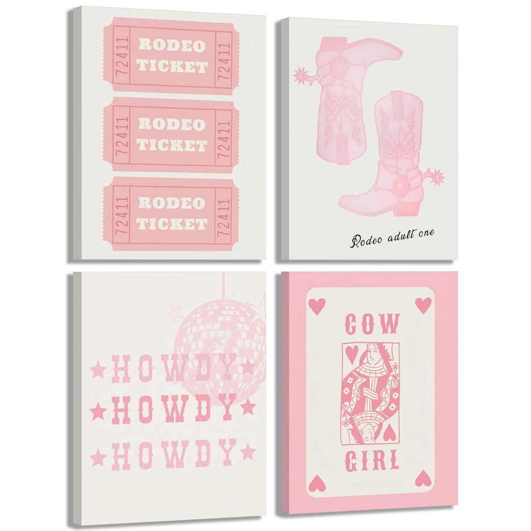 4Pcs Pink Cowgirl Prints Canvas Wall Art,Retro Western Boots Disco Ball Pictures,Preppy Posters Decor for teen girls' bedrooms,college dorms,or western-themed apartments.8x10in Framed