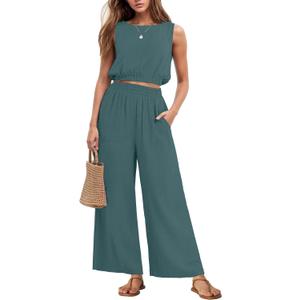 GRECERELLE Two Piece Sets for Women Sleeveless Crop Top Wide Leg Pants Sweat Set for Women Tracksuits 2026 Summer (Green, M)