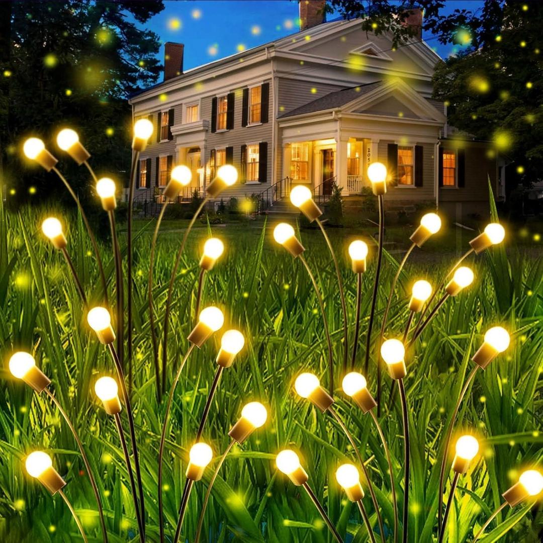 OZS 4 Pack Total 32 LED Solar Garden Lights Fairy Outdoor - Solar Firefly Lights Outdoor, Sway by Wind, Waterproof for Garden Patio Pathway Fairy Decoration (Warm White)