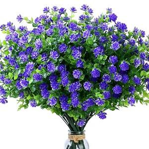SITUMEIZI 8 Bundles Purple Artificial Flowers Outdoor Fake Flower Plastic UV Resistant Shrubs Greenery Plants Hanging Decorations Garden Porch Window Box Farmhouse Outside Summer Indoor Decor