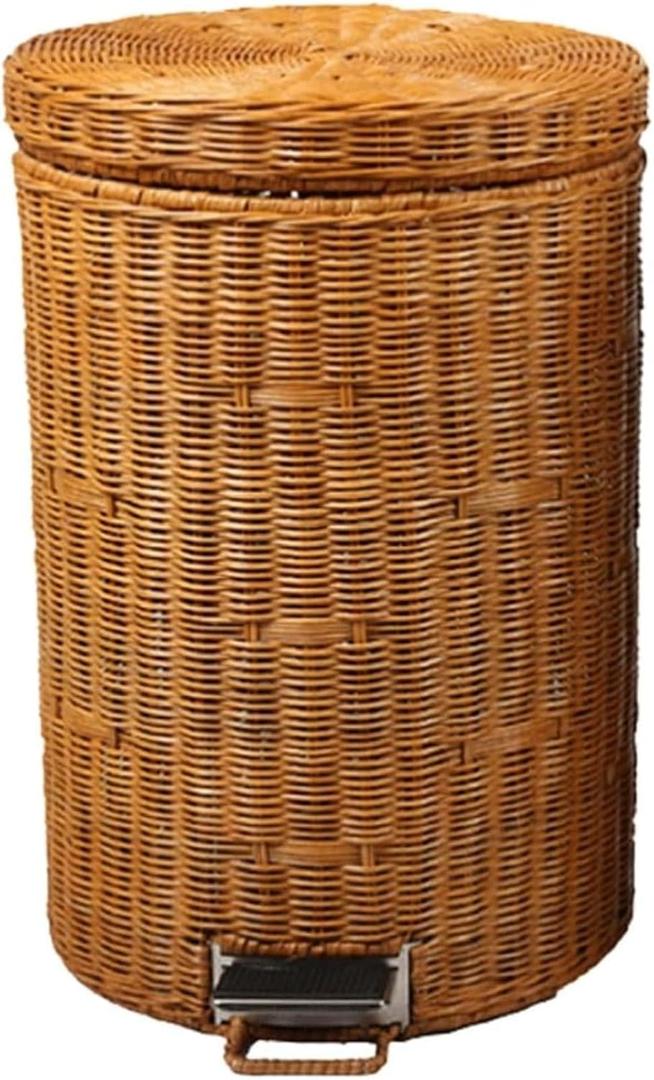 CUTMKGK Rattan Round Foot Pedal Trash Can with Lid,Kitchen Wicker Garbage Can Bedroom Retro Office Silent Handwoven Wastebasket(Brown,12L)