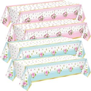 4 Pcs Tea Party Floral Tablecloth 54'' x 108'' Rectangle Flower Table Cloth Disposable Vintage Plastic Table Cover with Flower Design for Spring Wedding Bridal Shower (Pink,Blue)