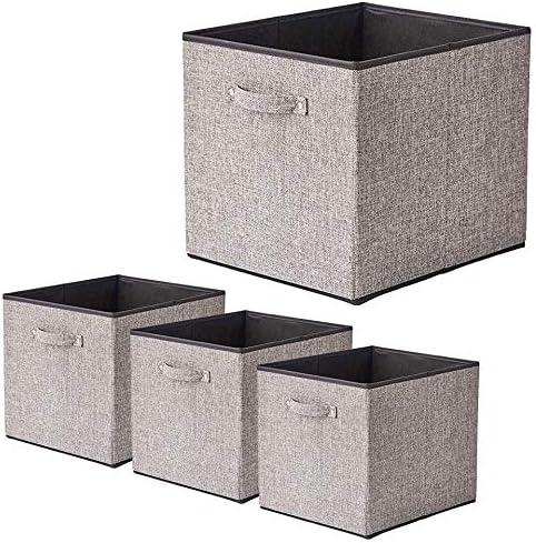 Foldable Storage Bin [set of 4] Fabric Organizer Container Cube Basket with Handles, 13 x 15 x 13 inch (Gray)