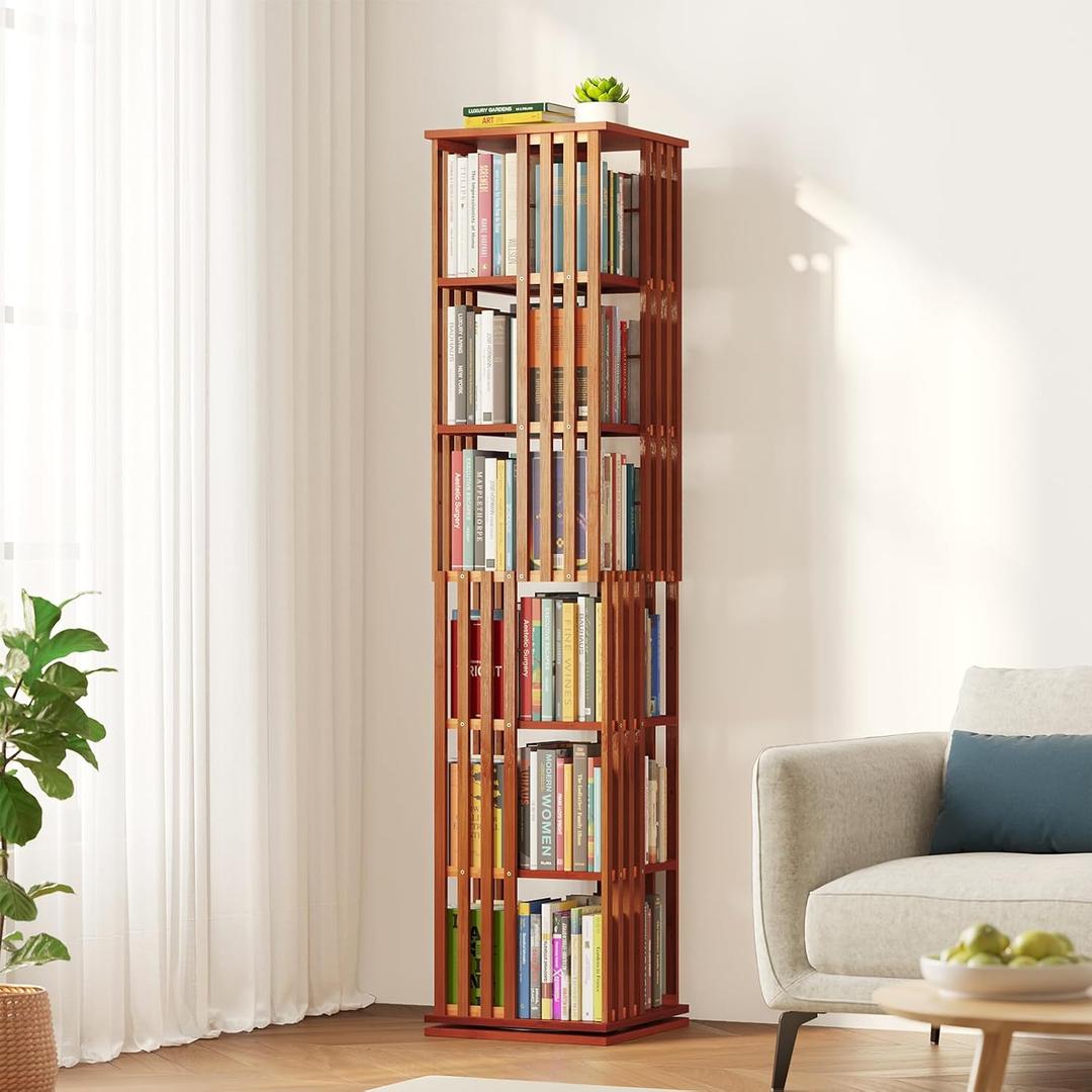 SpaceAid 6 Tier Rotating Bookshelf Tower, Bamboo Spinning Book Shelf, Revolving 360 Bookcase Storage Swivel Round Carousel, Vertical Rotate Turning Spiral Corner Organizer (6-Tier Walnut), 6 Tier, 67.5" H