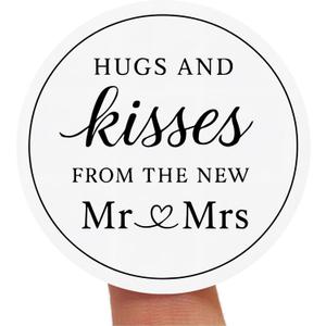 120 x Hugs and Kisses from The New Mr and Mrs Stickers, Wedding Thank You Favor Stickers, 1.6" Round Bridal Shower Candy Favor Labels (White)