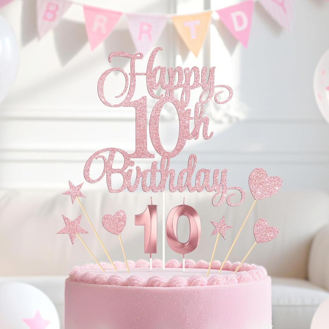 Rose Gold Happy 10th Birthday Cake Decorations, Glitter 10th Birthday Cake Toppers Set and Numeral 10 Candles for Birthday Party Supplies, Heart Star Cupcake Decorations