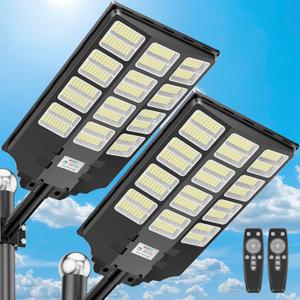 10000W Solar Street Lights, IP67 Waterproof Solar Lights Outdoor, 2 Pack | Super Bright Dusk to Dawn Commercial LED Flood Security Light with Motion Sensor & Remote for Parking Lot, Yard, Driveway