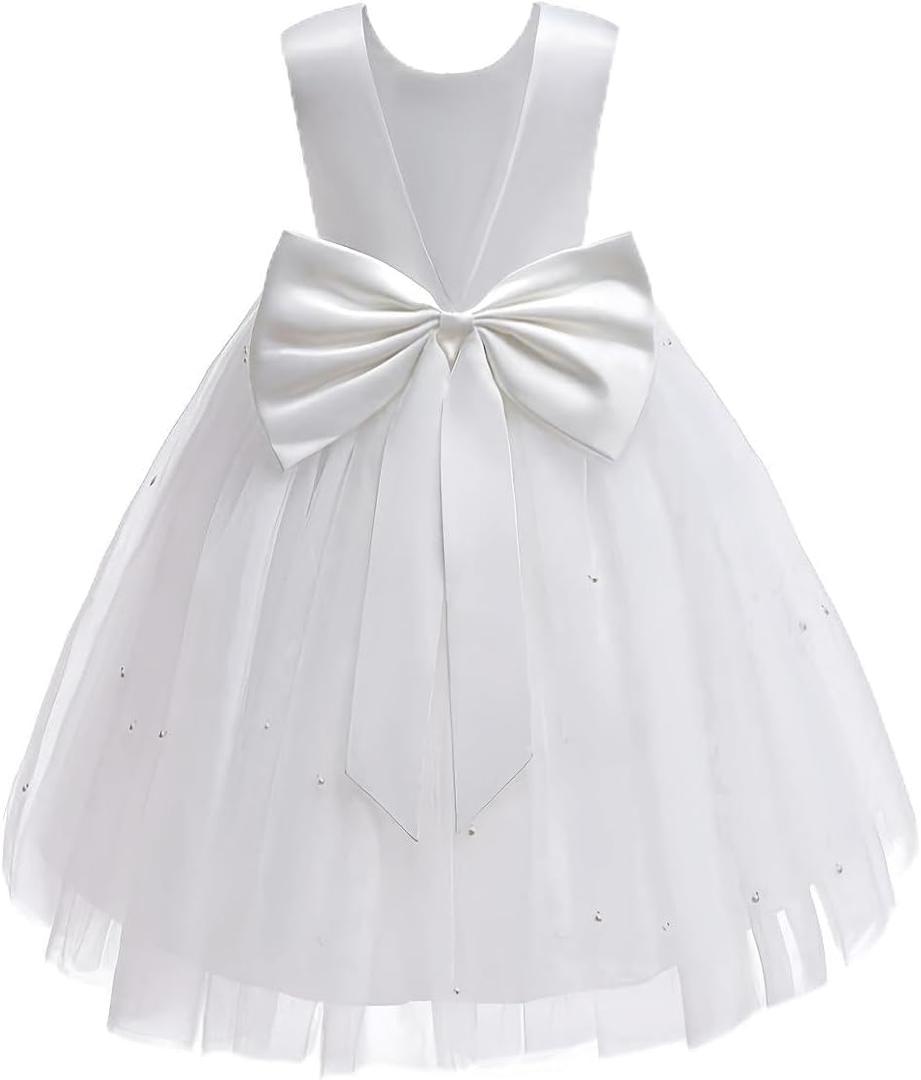 Mokpi Flower Girls Wedding Dress Princess Birthday Party Satin V-Back Ball Gown Prom (130, White)