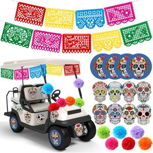 Faccito 19 Pcs Day of The Dead Golf Cart Decorations Dia De Los Muertos Car Decoration Picado Fiesta Banner Pom Poms Sugar Skull Stickers for Halloween Golf Cart Party Decor