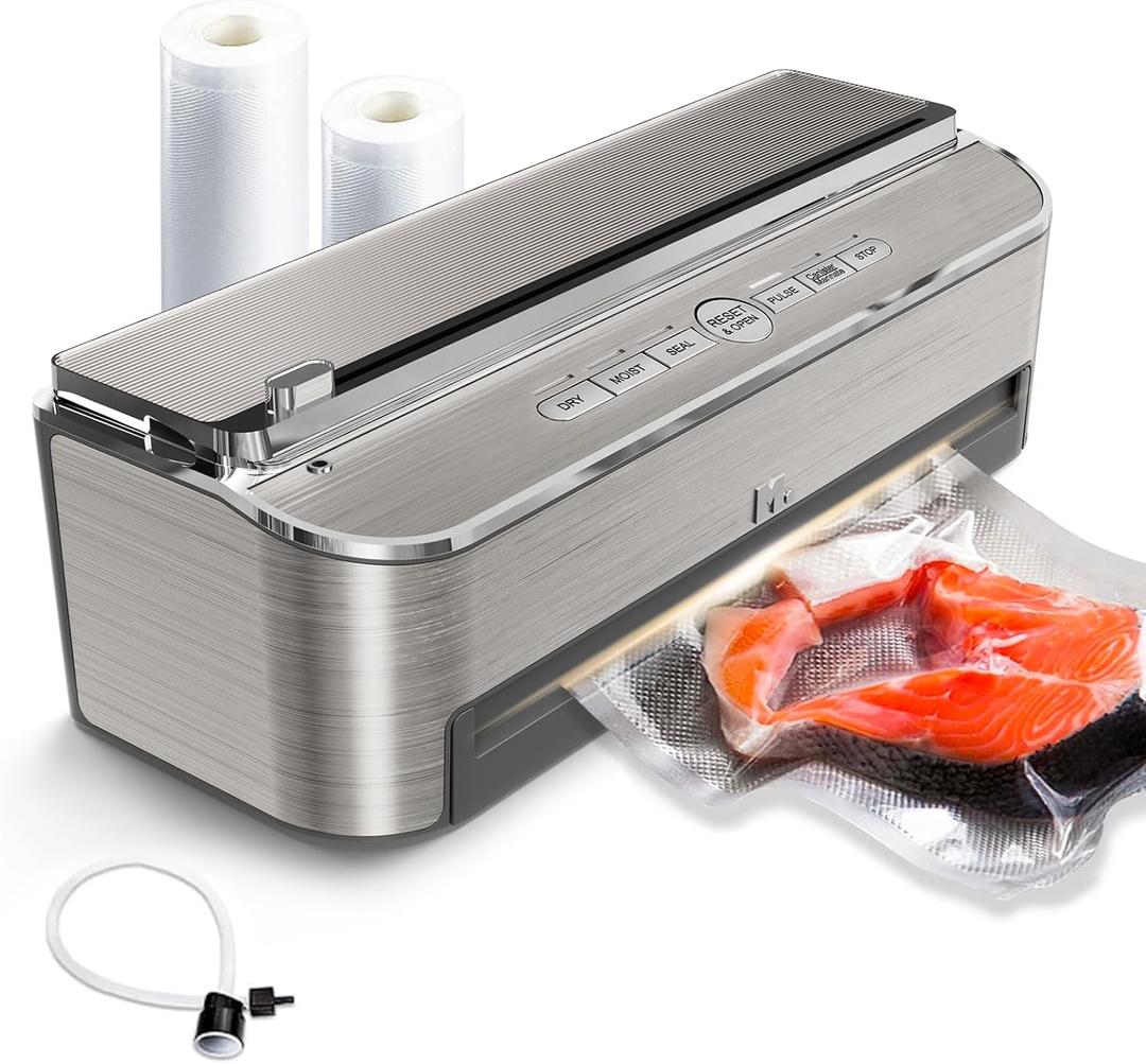 Vacuum Sealer Machine, 85kPa 120W Automatic Food Sealer, Powerful Sealing System, Build-in Cutter | Bags Storage | Moist Mode and Air Suction Hose (Silver)
