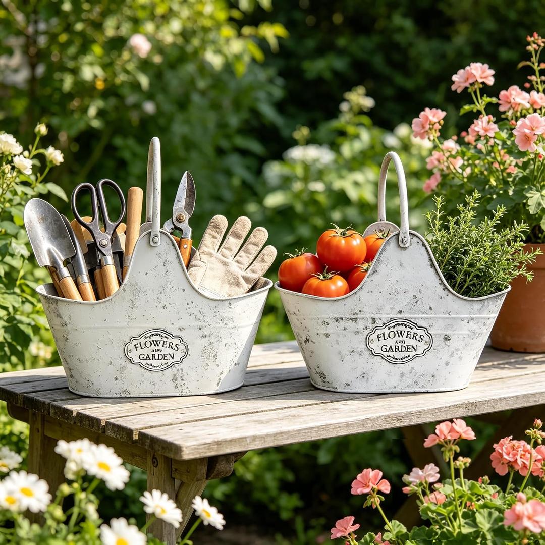 Distressed White Galvanized Metal Flower Planter Set of 2, Rustic Farmhouse Pot with Handle, Multi Use Tub for Garden Harvest Fruit Vegetables, Floral Craft Tool Organizer Indoor Patio Yard Decor