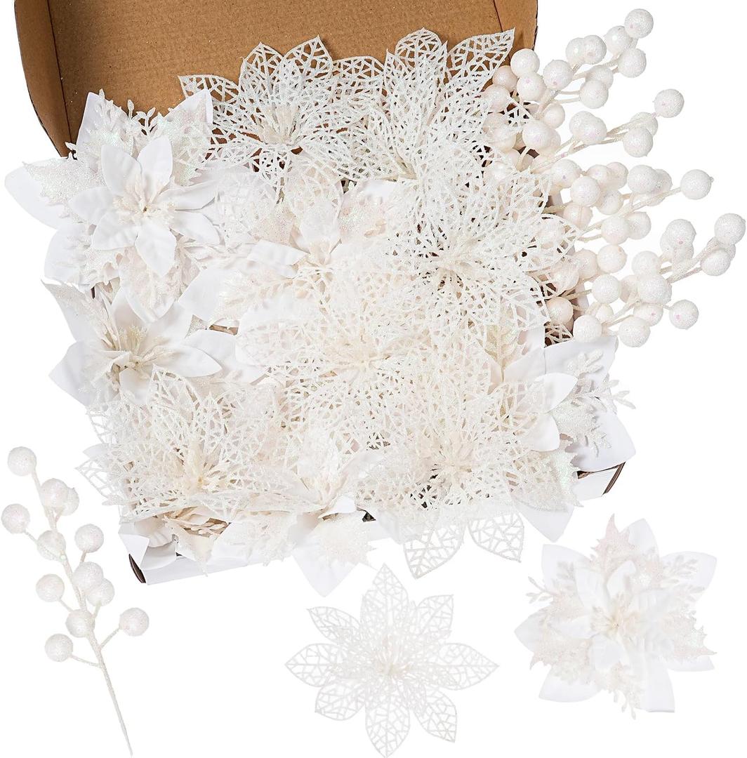 24Pcs Christmas Poinsettia Artificial Flowers and Glitter Berries Kit, 2 Styles Total 16Pcs Christmas Tree Flowers Ornaments, 8Pcs Christmas Tree Picks for Wedding Holiday Decorations, White