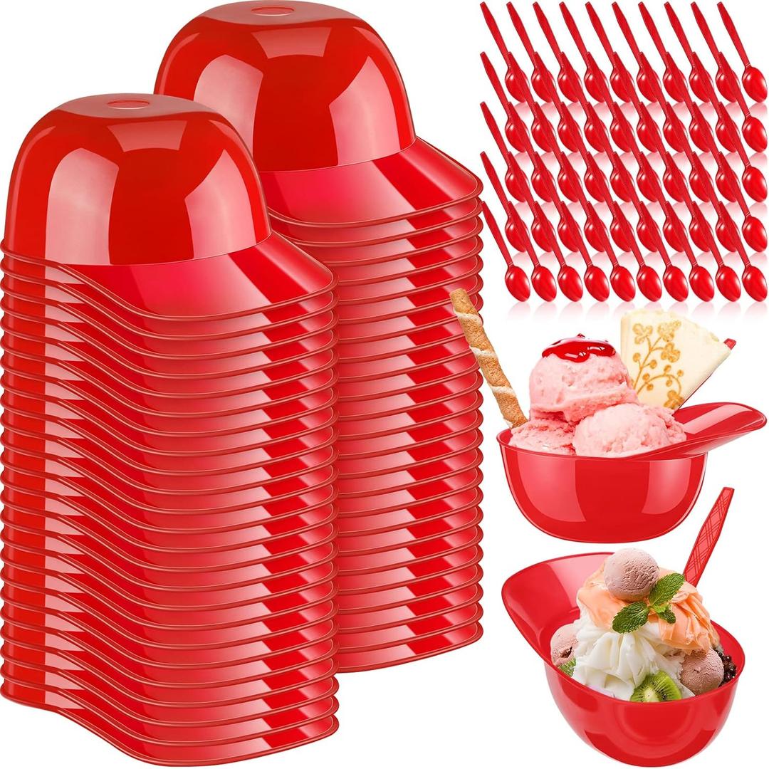 Irenare 50 Sets Mini Baseball Helmet Ice Cream Snack Bowls 8 oz with Disposable Taster Spoons Set Small Plastic Ice Cream Cups Dessert for baseball Party Gift (Red)