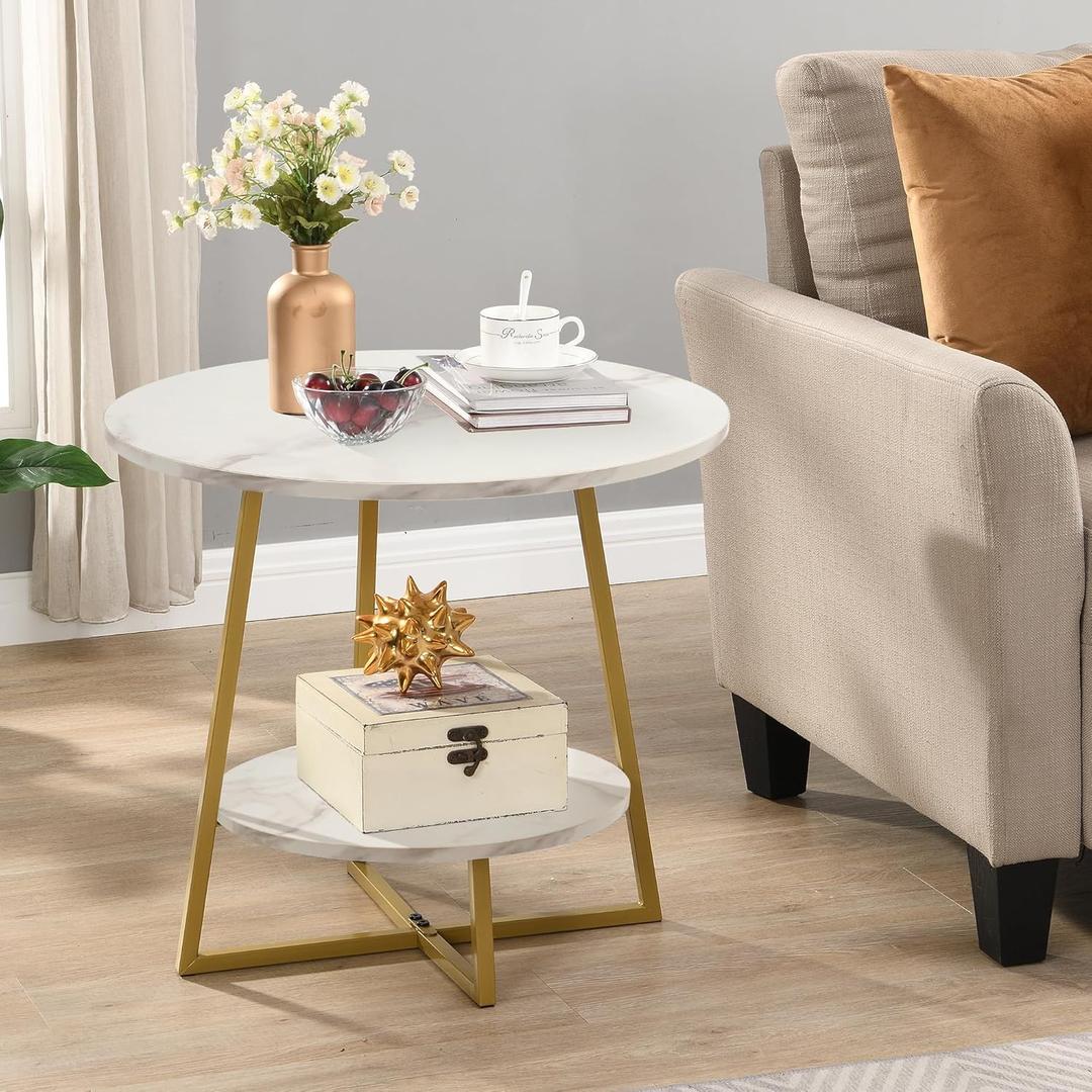D&H FURNIMMT 20" Living Room Side Table for Small Spaces, 2 Tier Wood Top Round End Tables with Storage Shelf, Accent Sofa Table for Bedroom, Office, Sunroom, Balcony, White Faux Marble/Gold