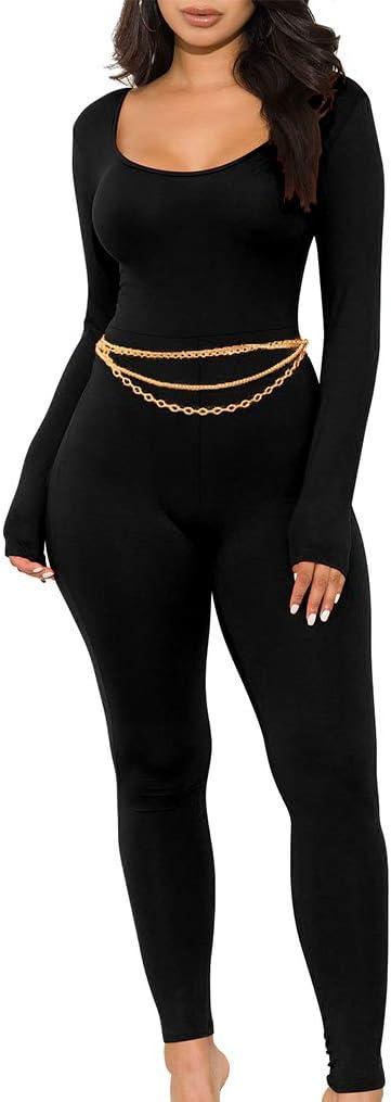GOKATOSAU Women's Sexy Long Sleeve Bodycon Solid Outfits Club Rompers Jumpsuits (Large, Black)