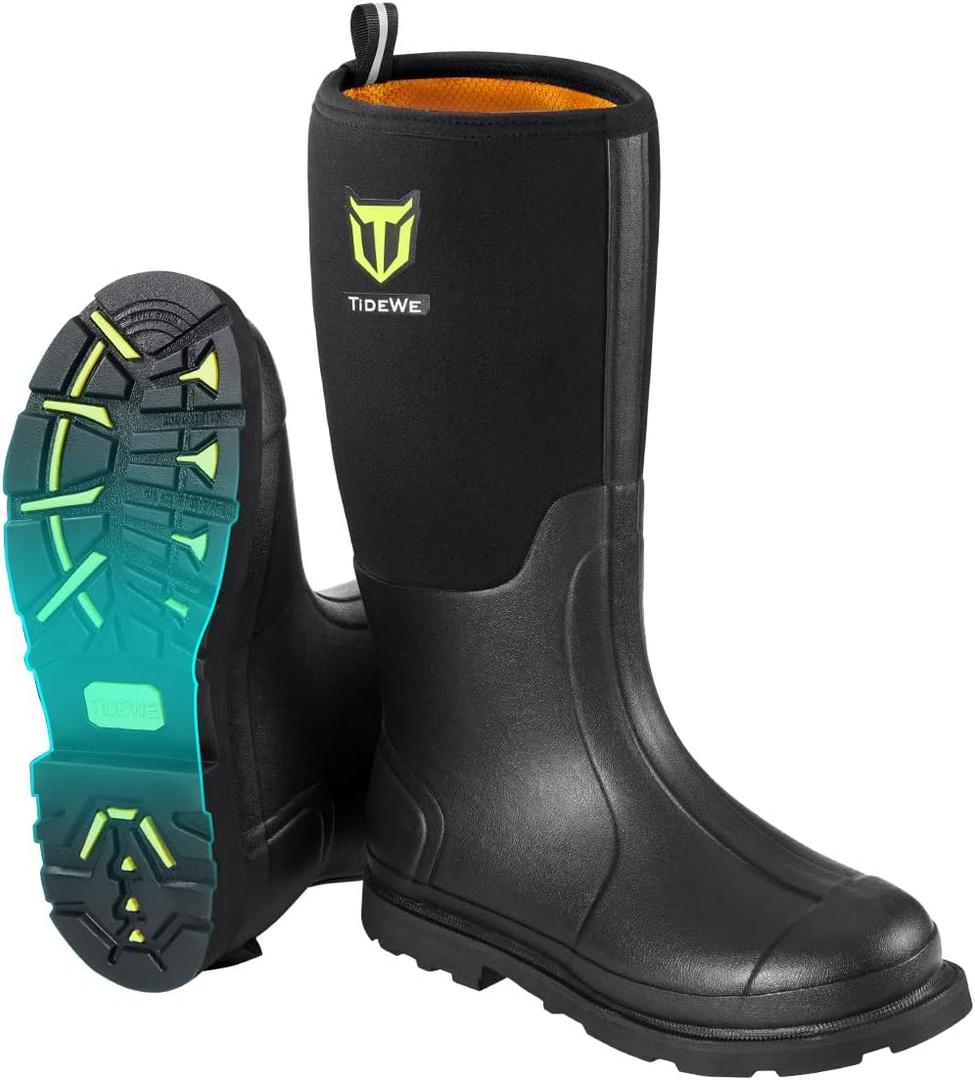 TIDEWE Rubber Work Boot for Men with Steel Shank, Waterproof Anti Slip Hunting Boot, Warm 6mm Neoprene Hunting Mud Boot, Sturdy Black Rubber Boot for Farming, Gardening, Fishing, Size 6-14 (7)