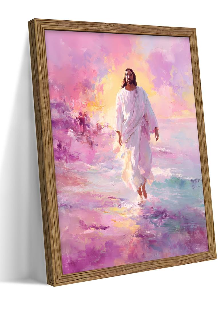 Framed Pink Jesus Wall Art Gifts for Christian, Jesus Walking On Water Canvas Prints, Savior Christian Wall Decor, Inspiring Religious Belief Artwork Decor for Prayer Room 12x16in