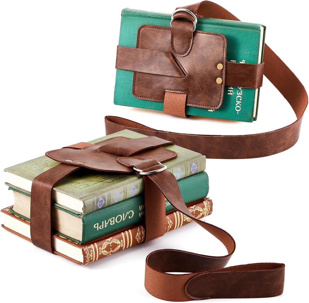 2 Pcs Adjustable 53" Leather Book Strap Carrier Holster Belt Holder Shoulder Carry for Libraries Reading Lover Gifts(Brown)