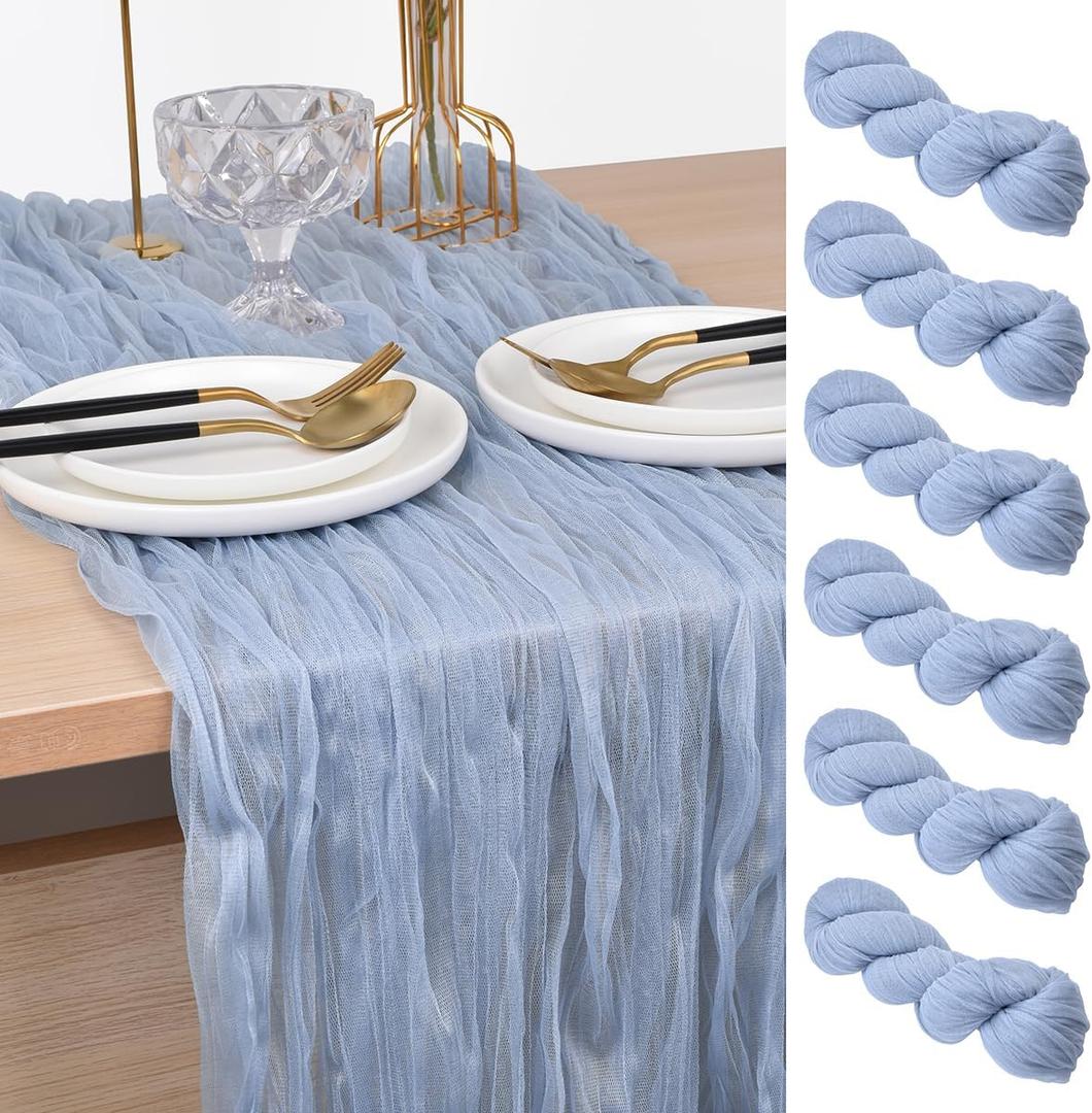 Joanlody Blue Cheesecloth Table Runner Fall Thanksgiving 10Ft Rustic Gauze Boho Cheese Cloth Table Runner for Wedding Bridal Baby Shower Decoration 6 Pack