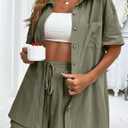 APAFES Women Summer Cotton Linen Short Sets 2 Piece Shorts Top Lounge Beach Vacation Two Piece Outfits Tracksuits (XX-Large, Armygreen)