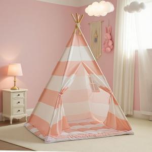 Teepee Tent for Kids with Padded Mat, Lights, and Carry Bag, Washable Playhouse for Indoor Use, Ideal Play Tent for Girls and Boys, Stripe Size: Standard