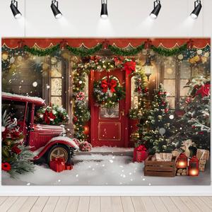 Avezano 10x7ft Christmas Backdrop Red Truck Xmas Trees Background Christmas Shop Backdrop for Photoshoot Xmas Winter Holiday Photo Booth Props