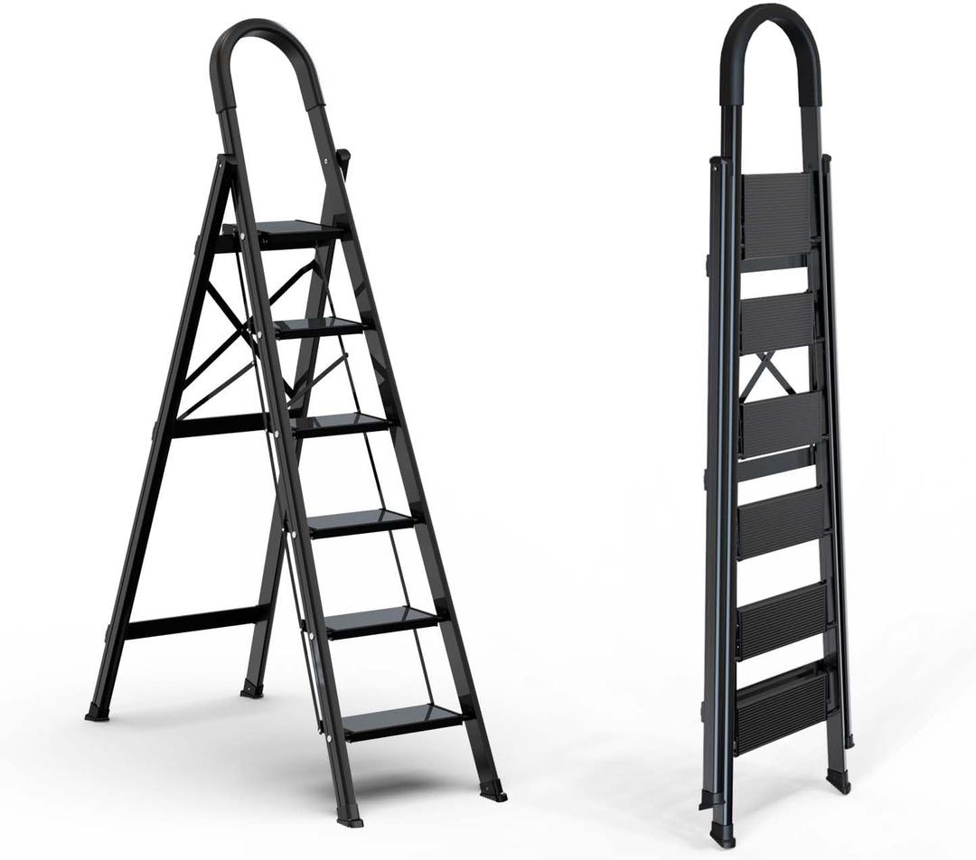 Lightweight Aluminum 6 Step Ladder Folding Step Stool Stepladders with Anti-Slip and Wide Pedal for Home and Kitchen Use Space Saving (Black)
