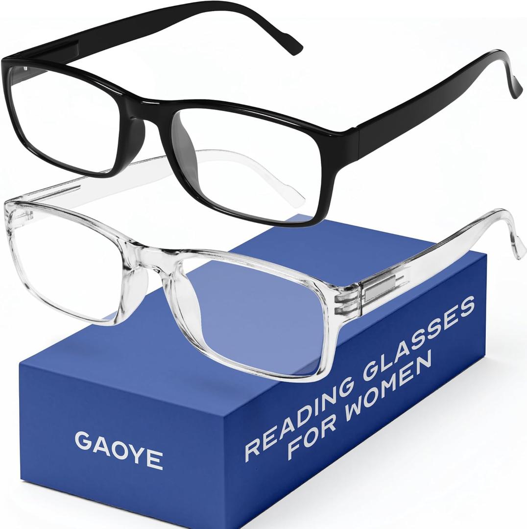 Gaoye 2-Pack of Reading Glasses - Blue-Light Filter, UV Protection - Readers with Rectangle Frames (Black + Clear)